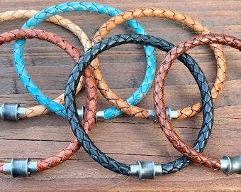 Mens Leather Bracelet With Antique Silver and Charcoal  Clasp, Mens Bracelet, Braided Bolo Leather, Gifts under 20 CS-76