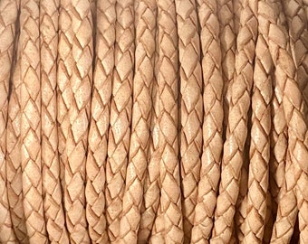 3mm Natural Bolo Braided Leather Cord Premium German Quality Smooth and Flexible All Leather By The Yard  LCBR - 3  Natural #G