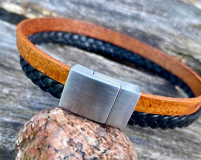 Mens Double Strand Leather Bracelet With Stainless Steel Magnetic Clasp, Mens Bracelet, Braided Bolo Leather Bracelet, Flat Leather Bracelet