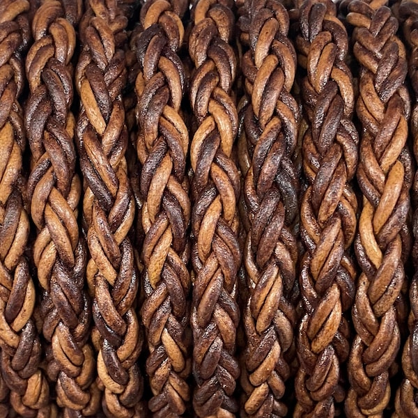 7.5mm Round Braided Leather Cord - English Brown - Natural Dye - 7.5mm Wide - 8 Strand Braided Cord - 8 Ply By The Foot - English Brown