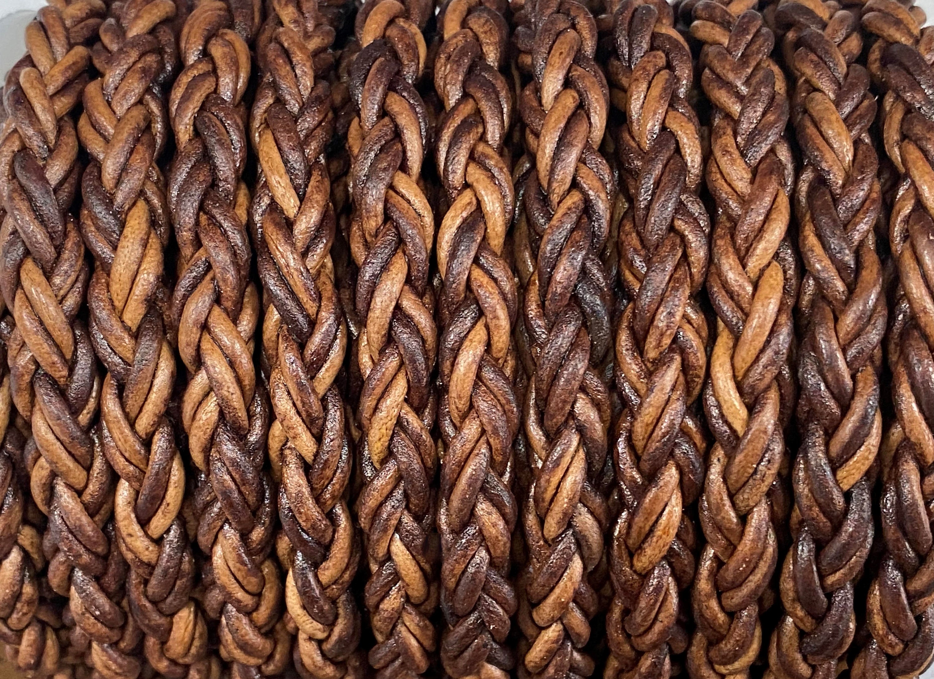 7.5mm Round Braided Leather Cord - English Brown - Natural Dye - 7.5mm Wide  - 8 Strand Braided Cord - 8 Ply By The Foot - English Brown