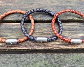 Mens Leather Bracelet With Brushed Stainless Locking  Clasp, Mens Bracelet, Braided Bolo Leather, Gifts under 20 CS-33