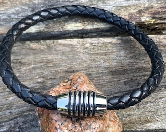 Mens Leather Bracelet With Stainless Steel  Clasp, Mens Bracelet, Braided Bolo Leather Bracelet, , Gifts under 20 CS-63