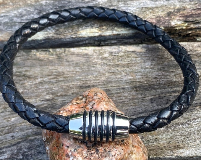 Mens Leather Bracelet With Stainless Steel Magnetic Clasp, Mens Bracelet, Braided Bolo Leather Bracelet, , Gifts under 20 CS-63