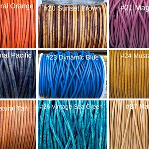 May include: Nine spools of leather cord in various colors, including natural orange, sunset brown, magenta, natural pacific, dynamic blue, mustard, natural tan, vintage sea green, and natural. Each spool is labeled with a number and color name.