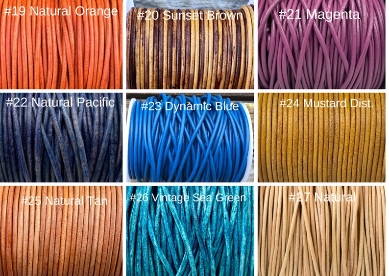 May include: Nine spools of leather cord in various colors, including natural orange, sunset brown, magenta, natural pacific, dynamic blue, mustard, natural tan, vintage sea green, and natural. Each spool is labeled with a number and color name.