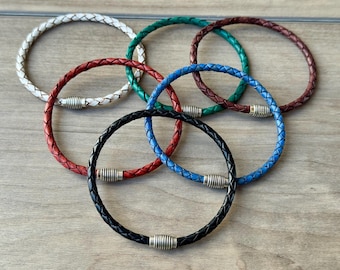 Thin Braided Men's Leather Bracelet With Silver Color Brass Clasp, 4mm Unisex Bracelet Available In Six Colors CS-19 Silver