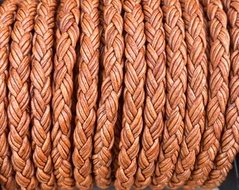 5mm Natural Light Brown Braided Bolo Leather Cord - By The Foot - 12 Strand Braided Cord LCBR5 12 Ply Natural Light Brown