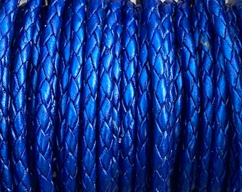 3mm Braided Leather - Blue Metallic 3mm Round Bolo Leather Cord All Leather No Filler LCBR-3  Metallic Blue #H