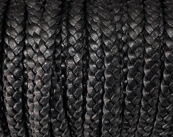 7mm Flat Braided Leather Cord - Premium Black - By the Yard - 7mm Braided Leather - LCF5 - #22 Black 7mm