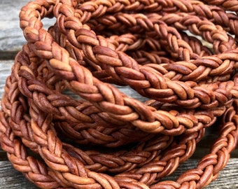 7mm Round Bolo Braided Leather Cord 8 Ply 7mm Natural Brown Color (Length: 1 Foot) LCBR - 1B
