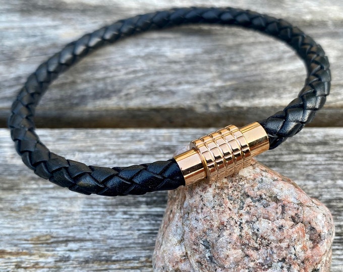 Mens Leather Bracelet With Rose Gold Magnetic Clasp, Mens Bracelet, Braided Bolo Leather, Gifts under 20 CS-36