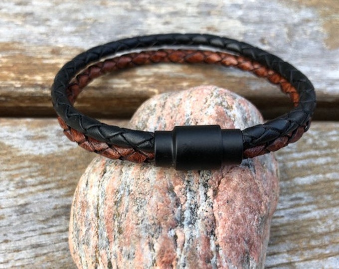 Mens Triple Strand Leather Bracelet With Brass Magnetic Clasp