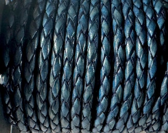 3mm Braided Leather - Natural Blue 3mm Round Bolo Leather Cord All Leather No Filler LCBR-3  Natural Blue #E