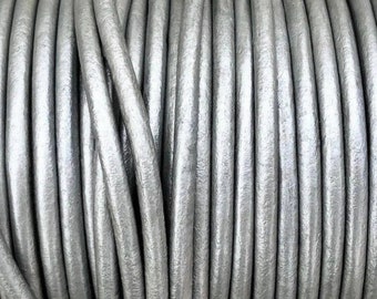 3mm Round Leather Cord - Metallic Gray - 3mm Premium Round Leather Cord LCR3 - 3mm Gray Metallic #13