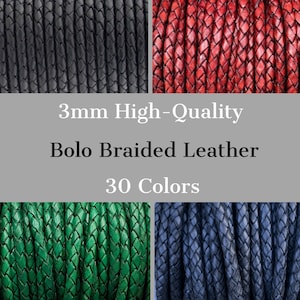 3mm Braided Leather Cord, 3mm Round Braided Leather - 30 Colors - 3mm Bolo Braided Leather Cord  By The Yard - LCBR - 3mm