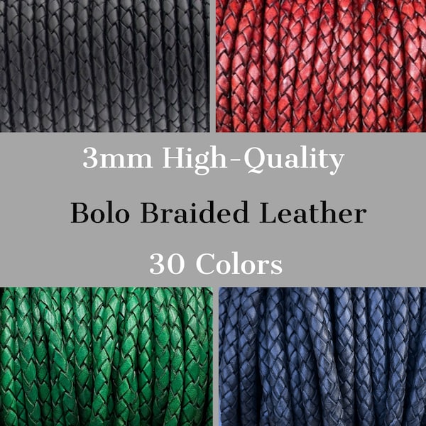 3mm Braided Leather Cord, 3mm Round Braided Leather - 30 Colors - 3mm Bolo Braided Leather Cord  By The Yard - LCBR - 3mm