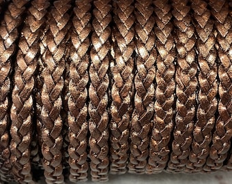 Flat Braided Leather Cord By The Yard 5mm, Metallic Brown