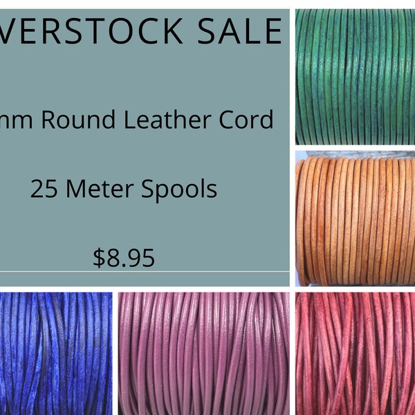 2mm Round Leather Cord, Overstock Special, 25 Meter Spools, Special Sale Price