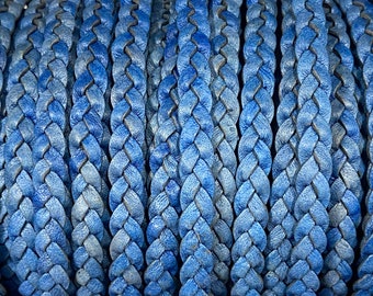 7mm Flat Braided Leather Cord - Natural Blue - By the Yard - 7mm Braided Leather - LCF5 - #23 Natural Blue 7mm