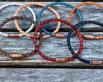 Thin Braided Men's Leather Bracelet With Brass Clasp Available In Seven Colors CS-45