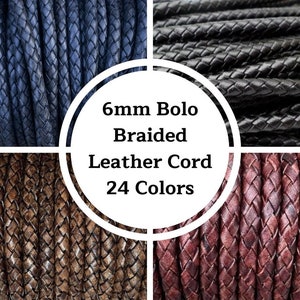 6mm Bolo Braided Leather Cord - 16 Colors - By The Yard - Distressed - Natural - 6mm Round Braided Leather Cord