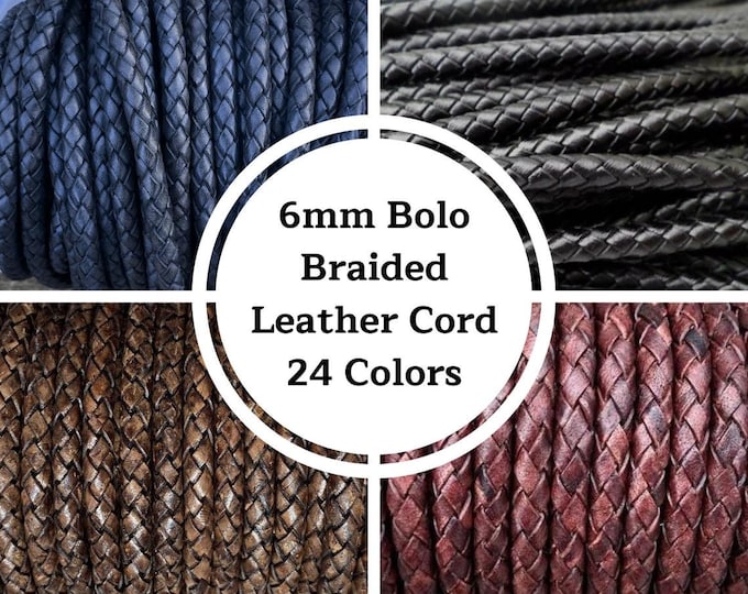 6mm Bolo Braided Leather Cord - 16 Colors - By The Yard - Distressed - Natural - 6mm Round Braided Leather Cord