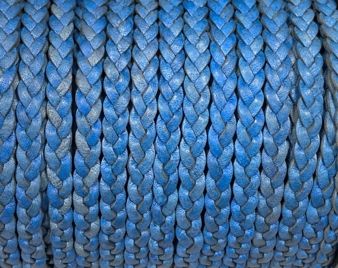 5mm Natural Blue Flat Braided Leather Cord - By the Yard - Genuine Indian Leather - LCF5 - 5mm Premium Natural Blue