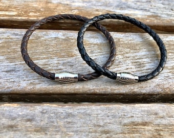 Leather Bracelet With Silver Tone Magnetic Clasp, Thin Braided Leather Bracelet, Gifts under 20 CS12A