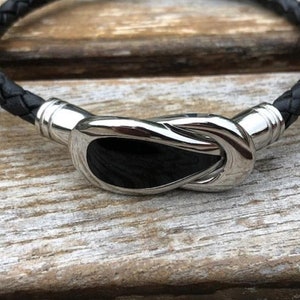 Overlapping  Paddle Clasp Braided Leather Bracelet with Black Enamel Insert and Stainless Steel Clasp