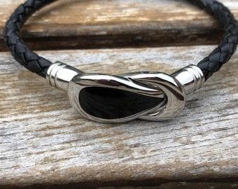 Overlapping  Paddle Clasp Braided Leather Bracelet with Black Enamel Insert and Stainless Steel Clasp