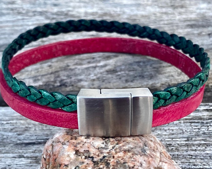 Double Strand Leather Bracelet, 2 Strands of 5mm Leather with Stainless Steel Magnetic Clasp, Mens Bracelet, Gifts under 20 CS-23