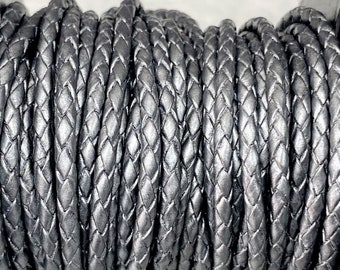 3mm Braided German Leather - Grey Metallic -  3mm Round Bolo Leather Cord From Germany All Leather No Filler LCBR - 3 Gray Metallic #L
