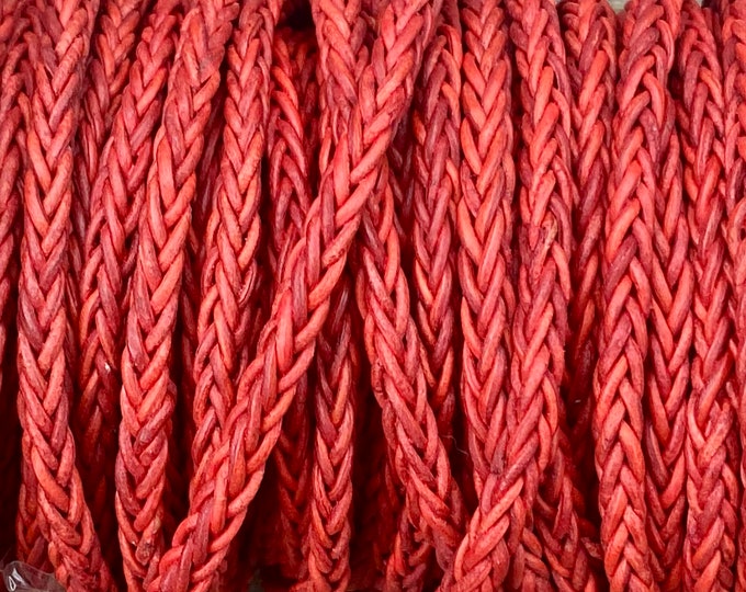 4mm Red Round Braided Bolo Leather Cord - 4mm Wide - By The Foot - 8 Strand Braided Cord LCBR - 4  Red #M