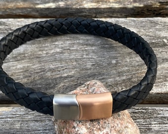 Mens Leather Bracelet With Rose Gold and Silver  Slide Lock Clasp, Mens Bracelet, Braided Bolo Leather, Gifts under 20 CS-109