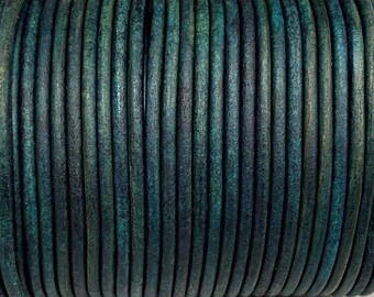 2mm Distressed Denim Round Leather Cord, Blue Green Leather, Leather Supplies, Jewelry Leather,  LCR2 - 2mm Distressed Denim #82