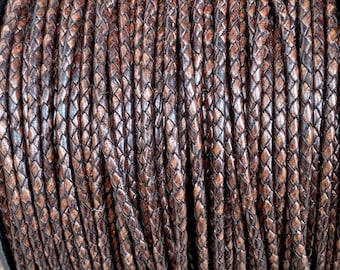 3mm Antique Brown Bolo Braided Leather Cord / leather by the yard / round leather cord / premium leather / LCBR-3  Antique Brown #B