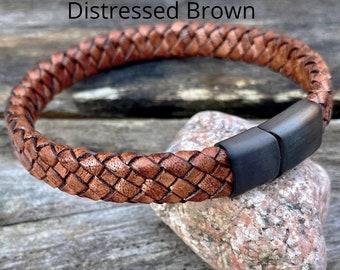 Mens Leather Bracelet, Flat Braided Leather Bracelet,  Mens Jewelry, Mens Gift, Women's Bracelet Gift Under 20 CS-101 Black