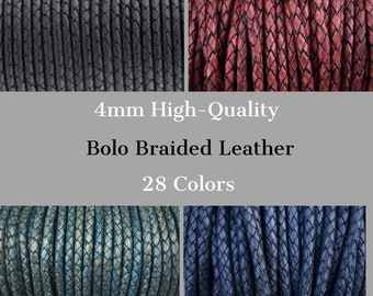 4mm Braided Leather Cord, 4mm Round Braided Leather - 28 Colors - 4mm Bolo Braided Leather Cord  By The Yard - LCBR - 4mm