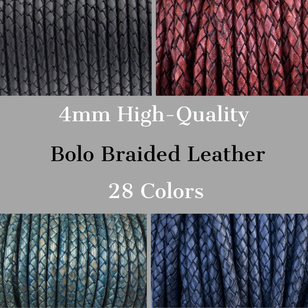 4mm Braided Leather Cord, 4mm Round Braided Leather - 28 Colors - 4mm Bolo Braided Leather Cord  By The Yard - LCBR - 4mm