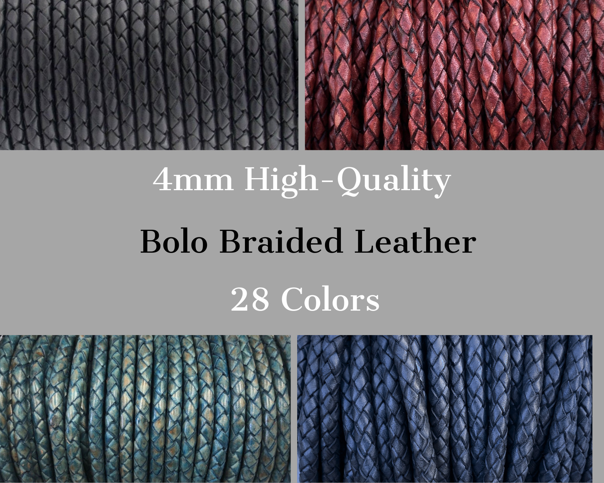 4mm Braided Leather Cord, 4mm Round Braided Leather - 28 Colors - 4mm Bolo  Braided Leather Cord By The Yard - LCBR - 4mm