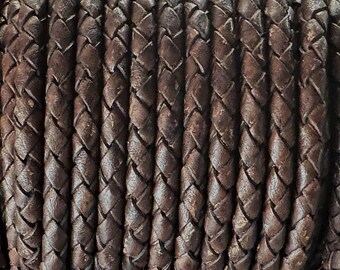 5mm Bolo Braided Leather Cord, Vintage Brown, 5mm Genuine Indian Leather Cord, By The Yard, LCBR5  5mm Vintage Brown #12
