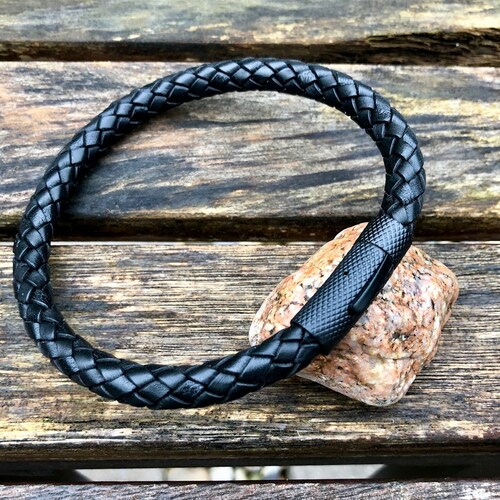 Pulsera de cuero para hombre, cuero europeo negro premium de 8 mm, pulsera para hombre, pulsera masculina de cuero grueso, regalo para papá