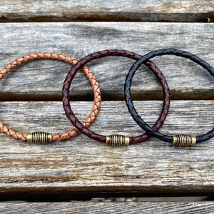 Thin Braided Men's Leather Bracelet With Brass Clasp, Unisex Bracelet Available In Three Colors CS-19