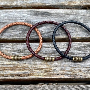 Thin Braided Men's Leather Bracelet With Brass Magnetic Clasp Available In Four Colors CS-19