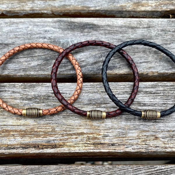 Thin Braided Men's Leather Bracelet With Brass Magnetic Clasp Available In Four Colors CS-19