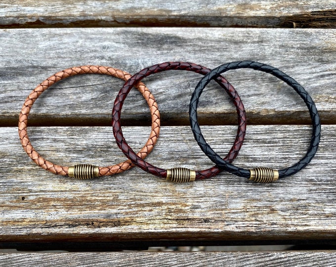 Thin Braided Men's Leather Bracelet With Brass Magnetic Clasp Available In Four Colors CS-19