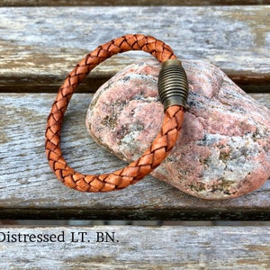 Mens Leather Bracelet With Brass Magnetic Clasp, Braided Bolo Leather Bracelet, Gifts Under 20 CS-18 Disressed LT. BN.