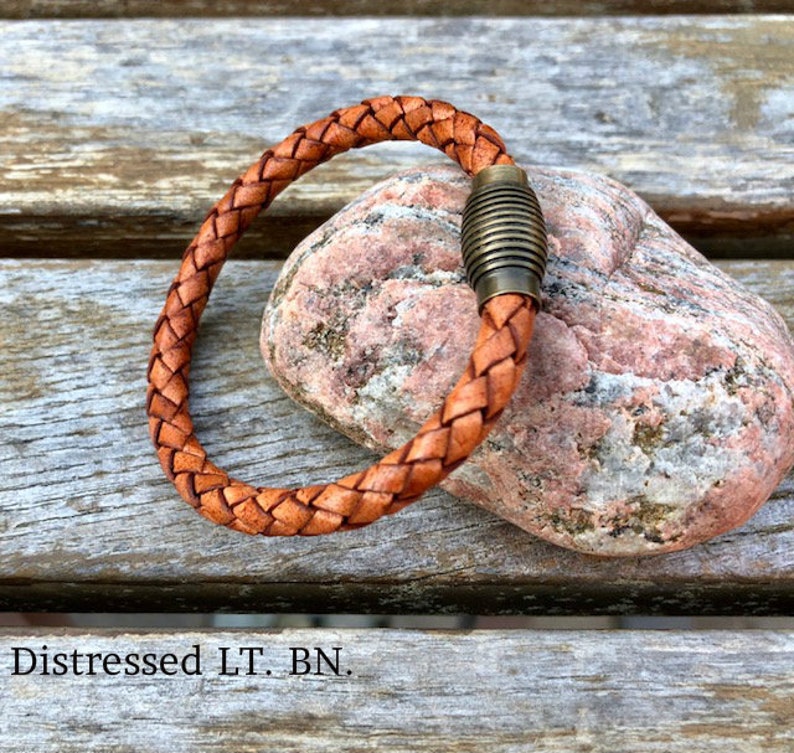 Mens Leather Bracelet With Brass Magnetic Clasp, Braided Bolo Leather Bracelet, Gifts Under 20 CS-18 Disressed LT. BN.