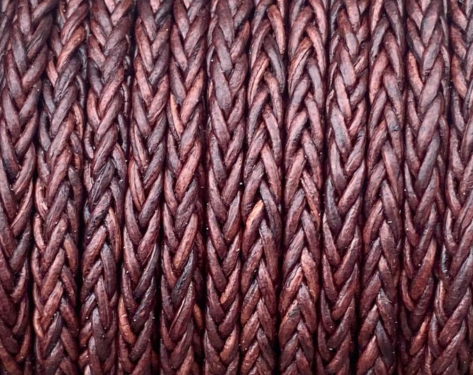 4mm Natural Antique Brown Square Braided Bolo Leather Cord - By The Foot - 8 Strand Braided Cord LCBR - 4  Nat. Antique Brown #G